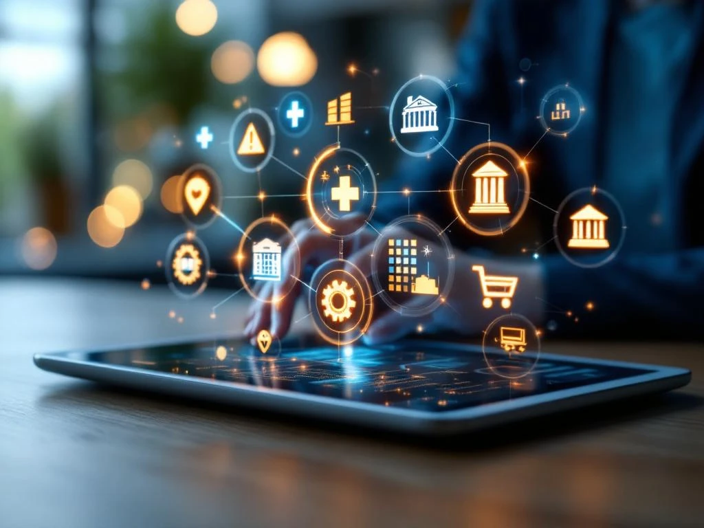 Digitale tablet toont holografische industrie-iconen met AI-circuits en waarschuwingssymbolen op houten bureau