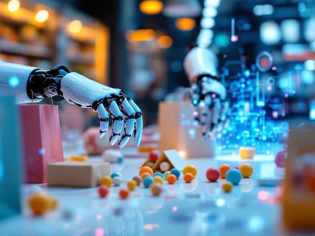 Robotische handen rangschikken kleurrijke winkelproducten op witte toonbank met holografische AI-patronen op achtergrond