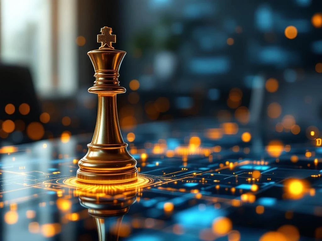Gouden schaakkoning op digitaal bord met AI-circuits en holografische datastromen in moderne boardroom