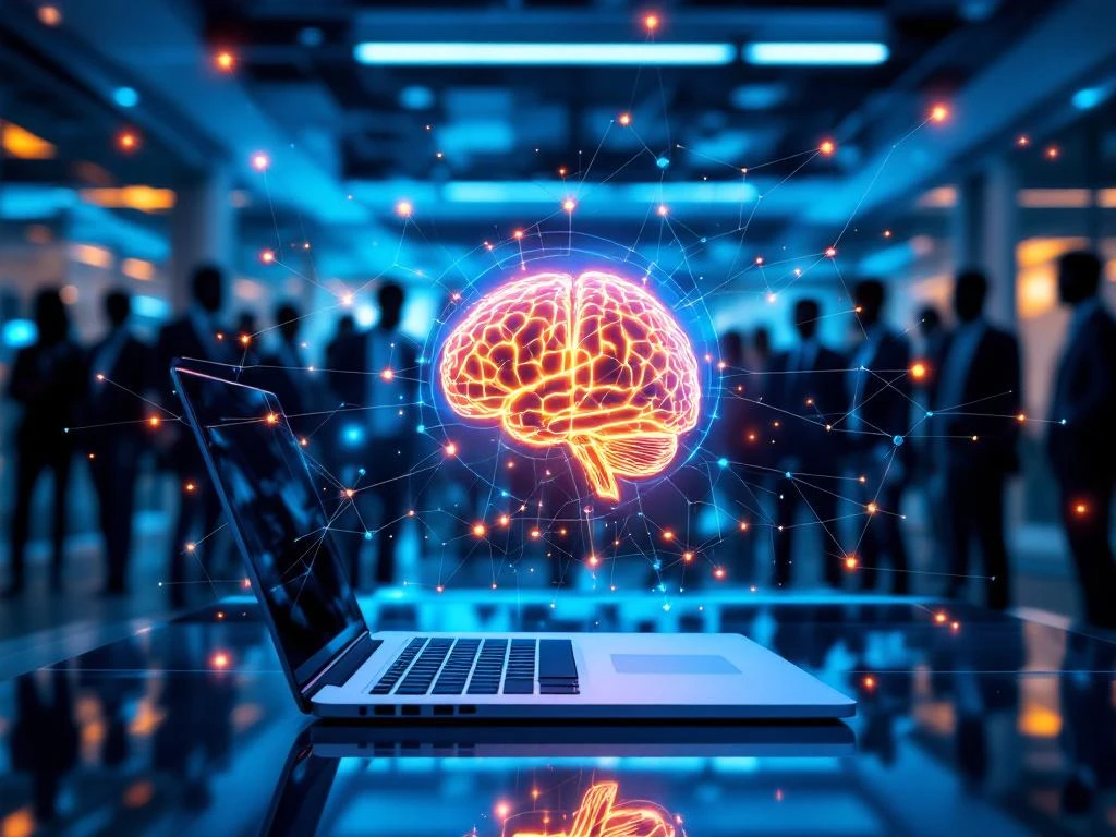 Holografische AI-hersenen boven laptop in modern kantoor, omringd door netwerkverbindingen en diverse professionals