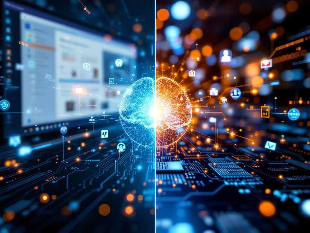 Microsoft Teams interface met AI-elementen en digitale leeromgeving, verbonden door blauwe datastromen en hologrammen