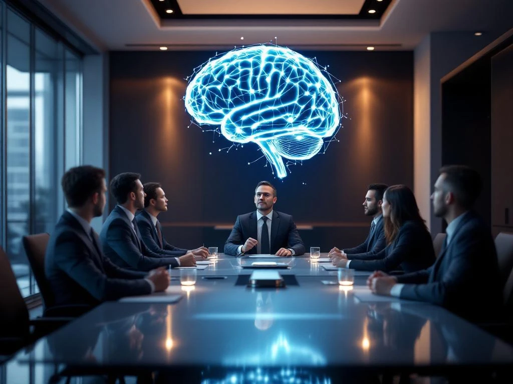 Holografische AI-hersenen zweven boven moderne bestuurskamer met zakenmensen rond conferentietafel in blauw licht