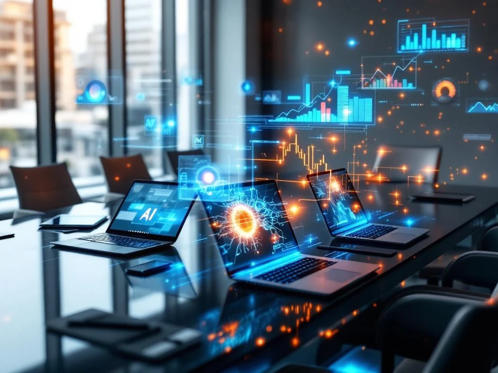 Moderne vergadertafel met laptops die AI-interfaces tonen en holografische datavisualisaties in blauw-oranje licht