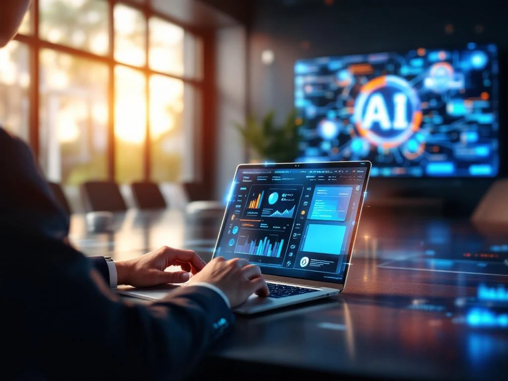 Moderne vergaderruimte met AI-cursusmateriaal op laptop en interactief display met neurale netwerk visualisaties