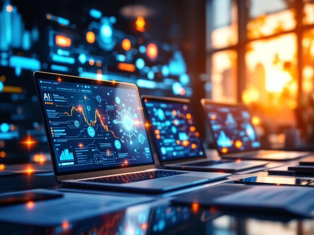 Moderne bedrijfstraining met laptops die AI-interfaces tonen, tablets met cursusmodules en certificeringsbadges in blauw-oranje