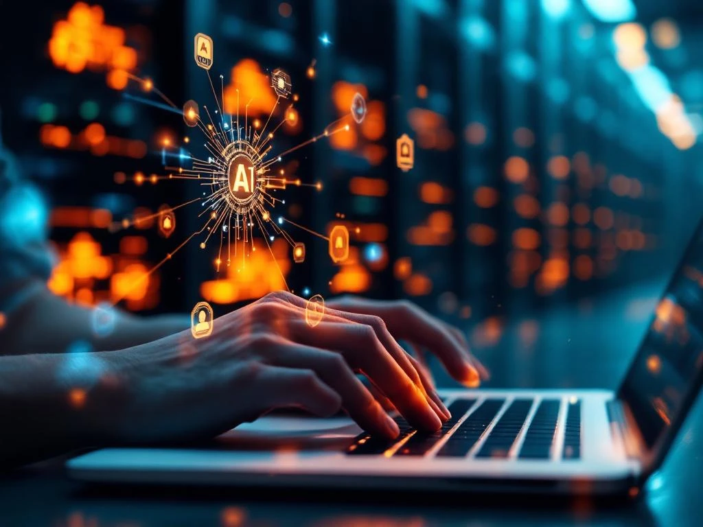Handen typen op laptop met holografische AI-circuits en neuraal netwerk boven scherm, serverracks op achtergrond
