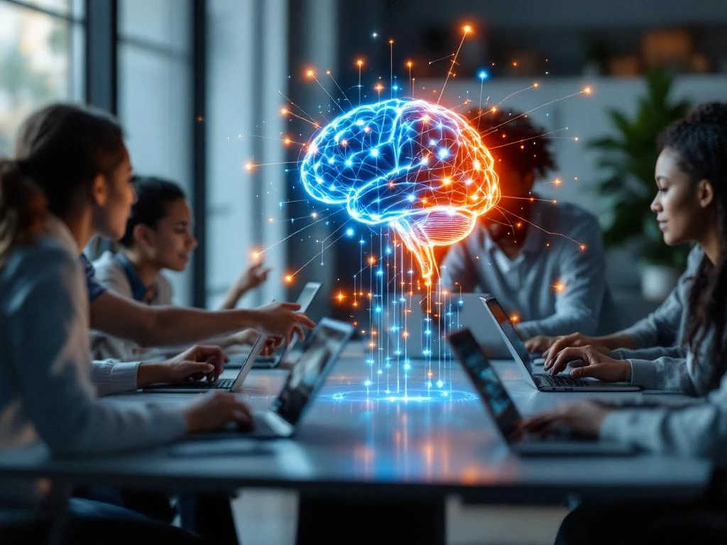 Diverse handen werken samen rond holografisch AI-brein netwerk met gloeiende verbindingen in moderne trainingsruimte