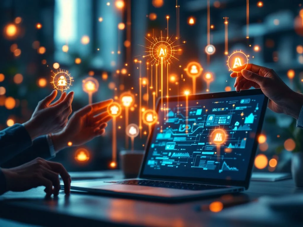 Laptop met AI neurale netwerk visualisaties op scherm, omringd door diverse handen die digitale vaardigheidsiconen aanraken