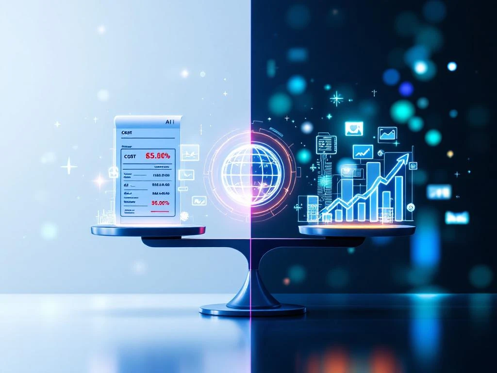 Split-screen toont traditioneel kostenboek met rode cijfers links en moderne digitale leeromgeving met AI-circuits rechts