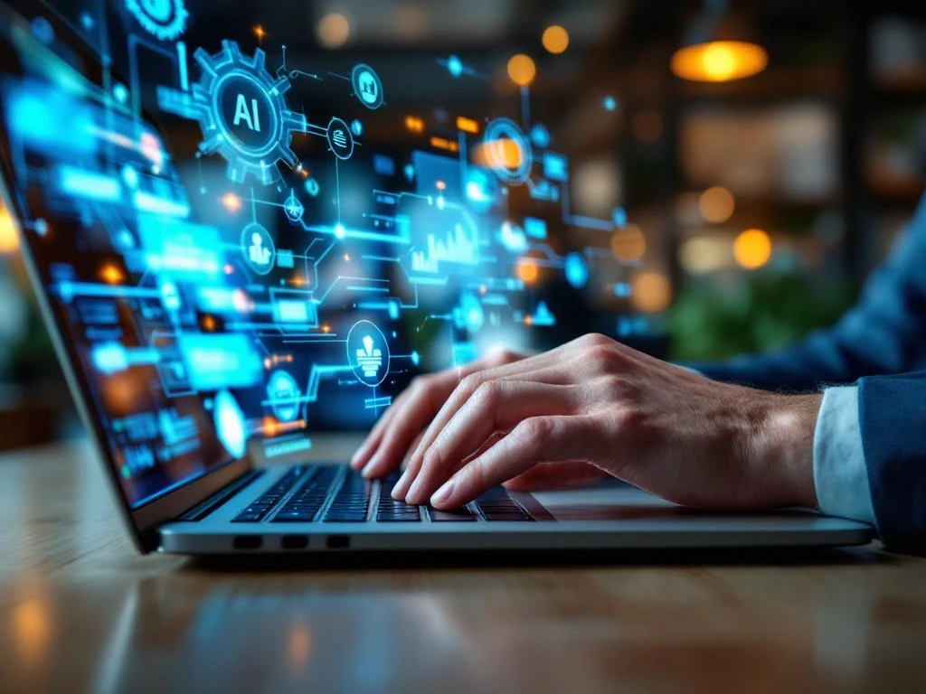 Handen typen op laptop met holografische AI-circuits en industrie-iconen in blauw-oranje licht boven scherm