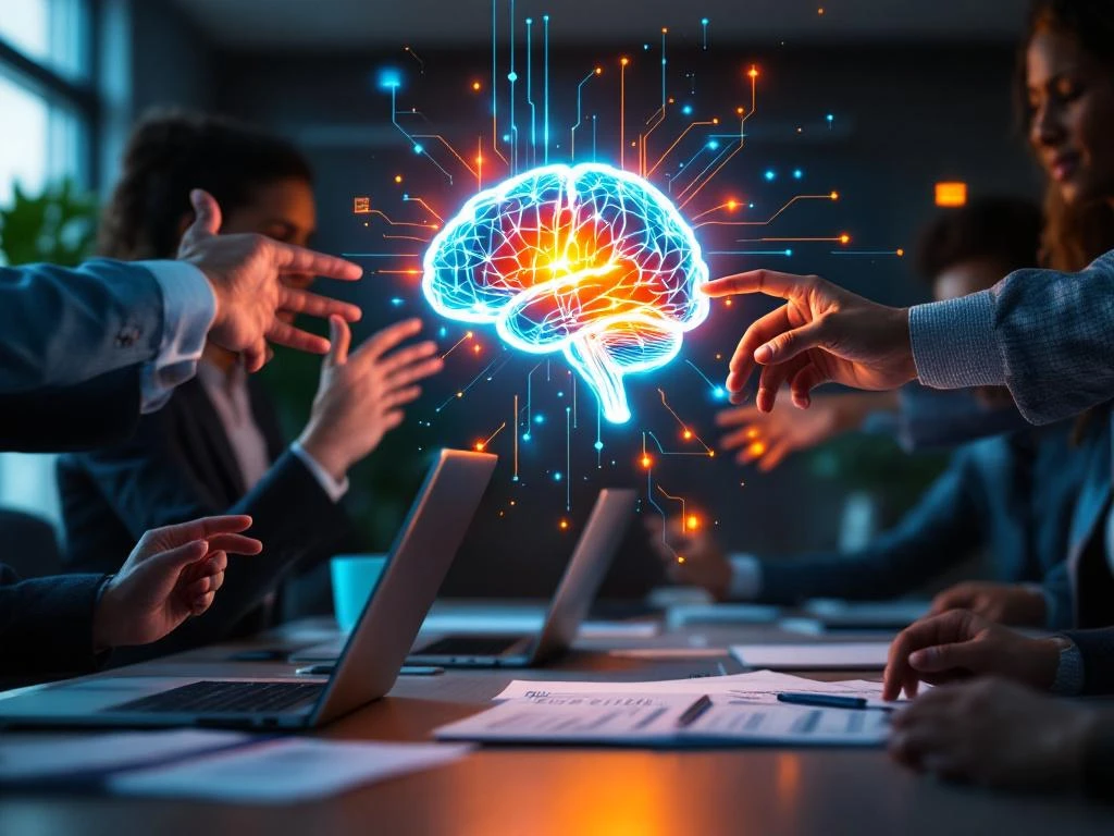 Diverse professionele handen reiken naar holografisch AI-brein symbool boven vergadertafel met laptops en trainingsmateriaal