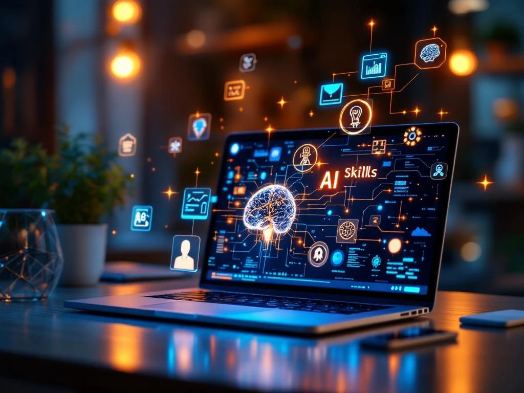 Moderne laptop toont AI neurale netwerken met zwevende holografische iconen voor machine learning en data-analyse