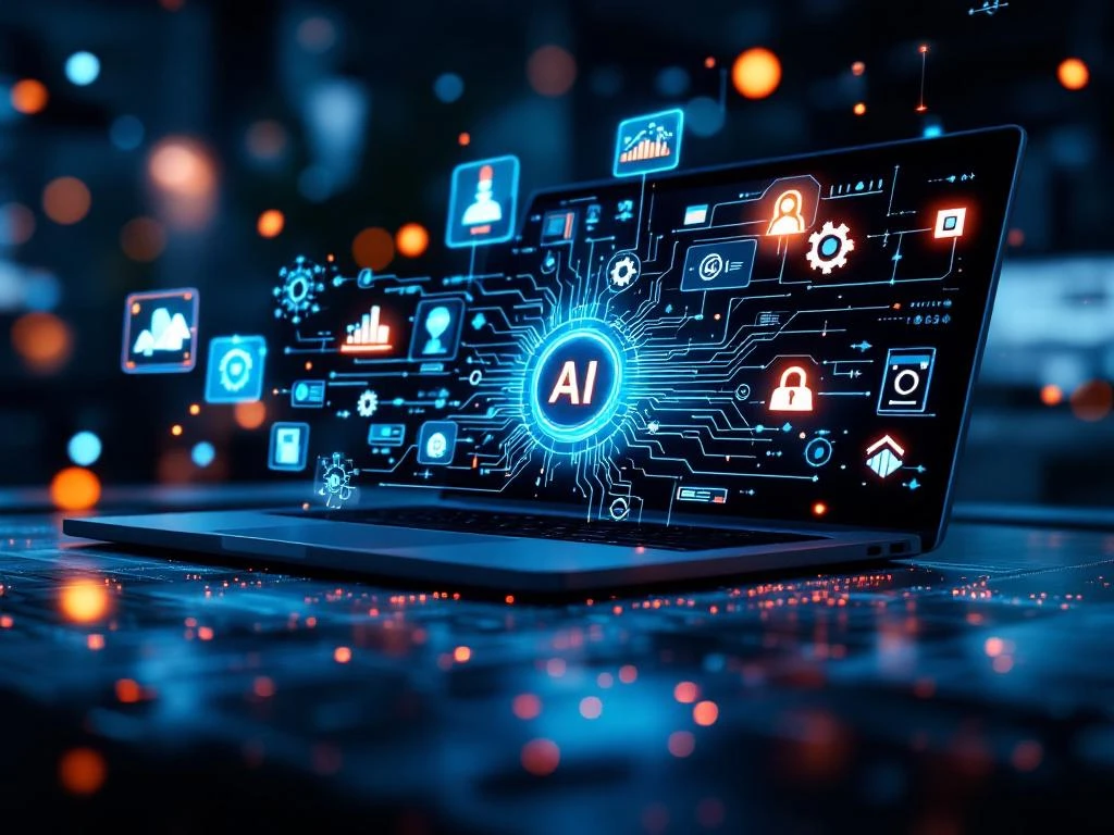 Moderne laptop toont AI-interface met holografische digitale pictogrammen en neurale netwerkvisualisaties op werkplek