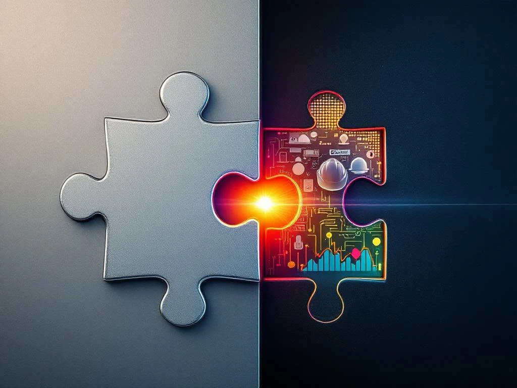 Generieke grijze puzzelstuk past niet in kleurrijke industrie-specifieke vormen voor medisch, bouw, financiën en tech