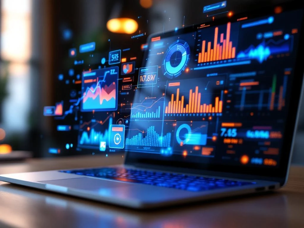 Digitaal dashboard met kleurrijke datavisualisatie grafieken en AI-analytics zwevend boven moderne laptop op witte achtergrond