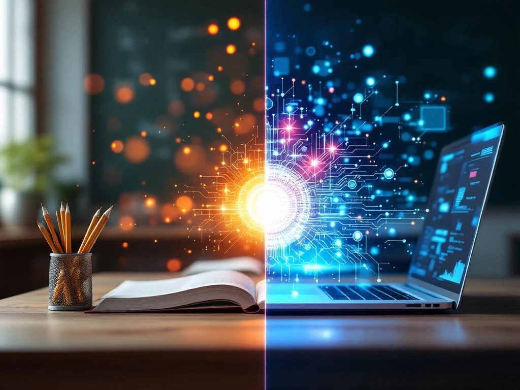 Gesplitst beeld van traditioneel klaslokaal met boeken en potloden dat overgaat in moderne digitale leeromgeving met laptop en AI-graphics.