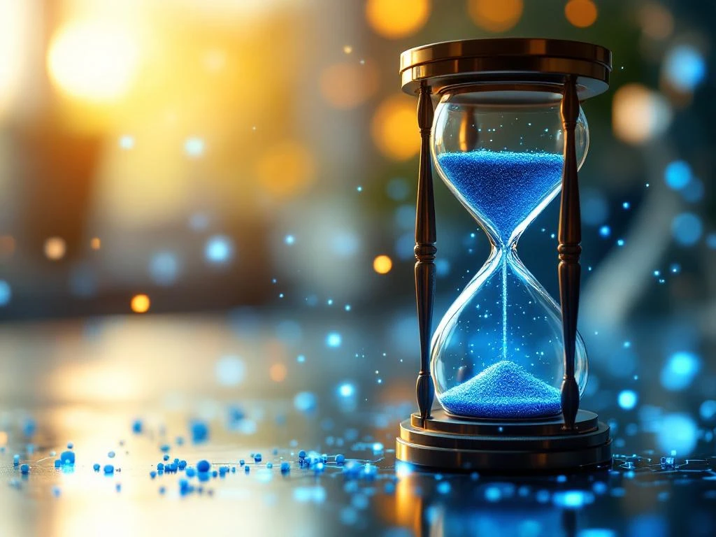 Elegante zandloper met gloeiende blauwe digitale zandkorrels en holografische AI-circuits op moderne bureau