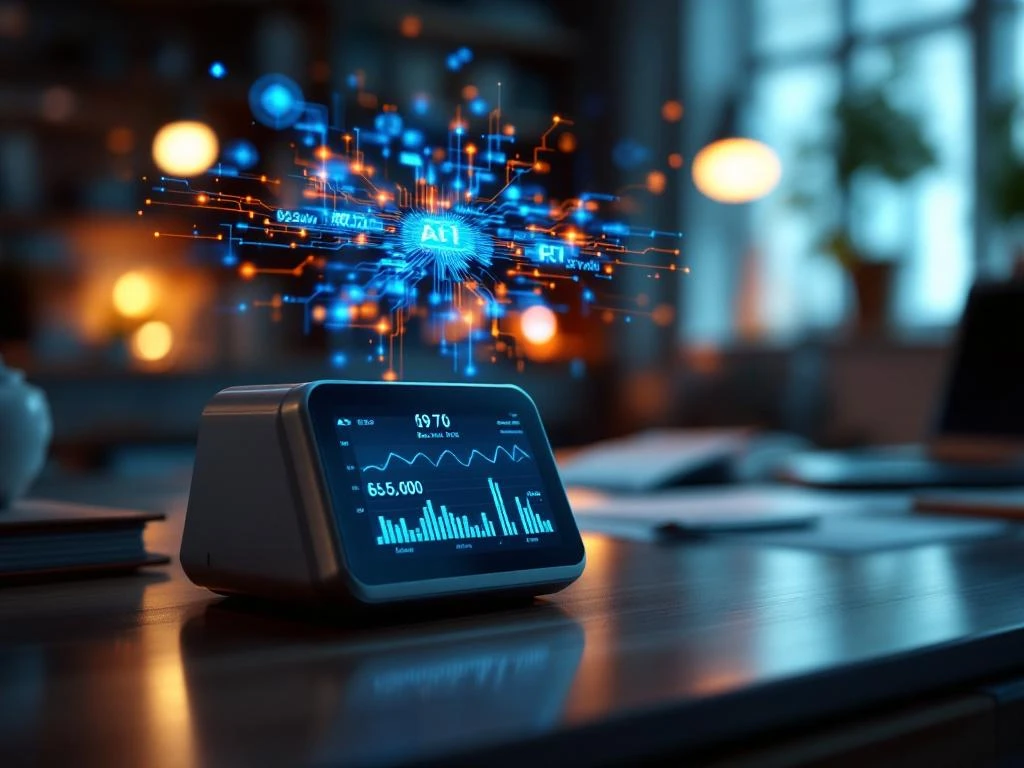 Geavanceerd digitaal meetinstrument met holografische AI-circuits en neurale netwerken op professioneel bureau