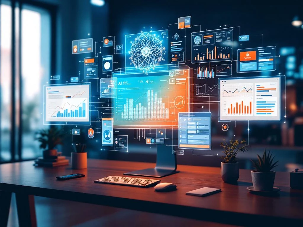 Moderne werkruimte met zwevende digitale schermen die AI-netwerken, e-learning interfaces en data-analyses tonen