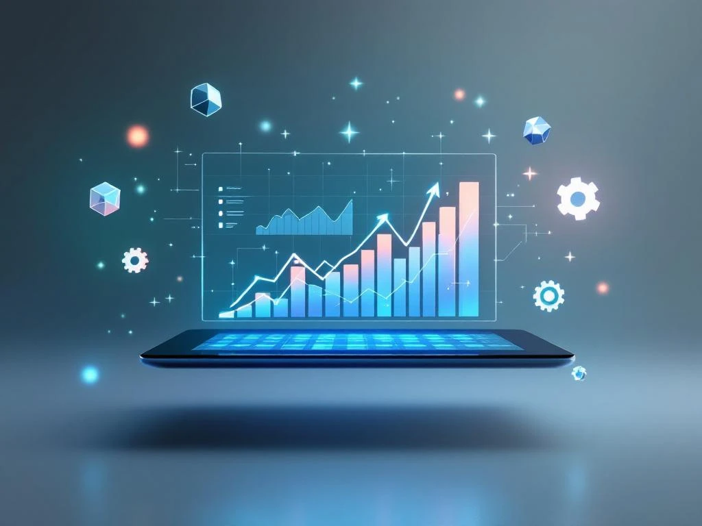 Digitaal dashboard met analytics grafieken en tablet met stijgende trends, omgeven door AI-circuits in professionele verlichting