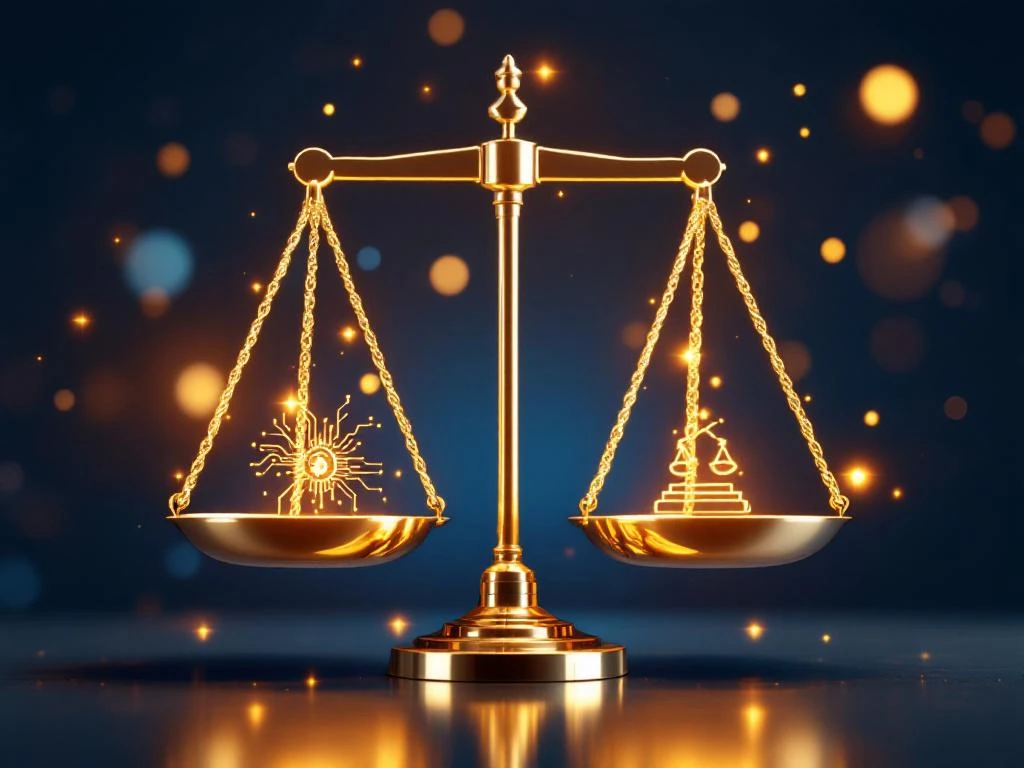 Weegschaal van Justitie met AI-circuitpatronen en juridische documenten, gouden verlichting op blauwe achtergrond