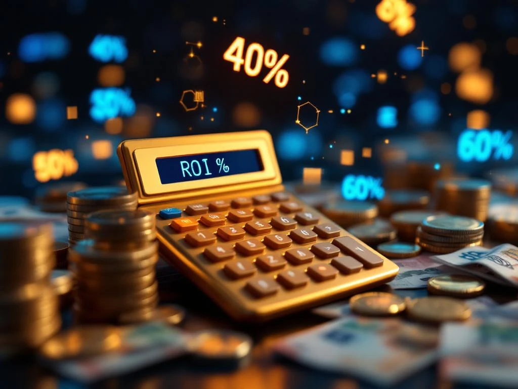 Gouden rekenmachine toont ROI% omringd door AI-circuits, munten, eurobiljetten en zwevende percentagesymbolen