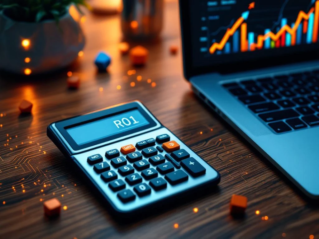 Calculator met "ROI" op scherm naast laptop met stijgende grafieken op houten bureau met blauwe en oranje accenten