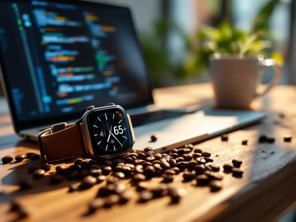 Moderne smartwatch op houten bureau naast laptop met AI-code, koffiemok en bonen in natuurlijk licht