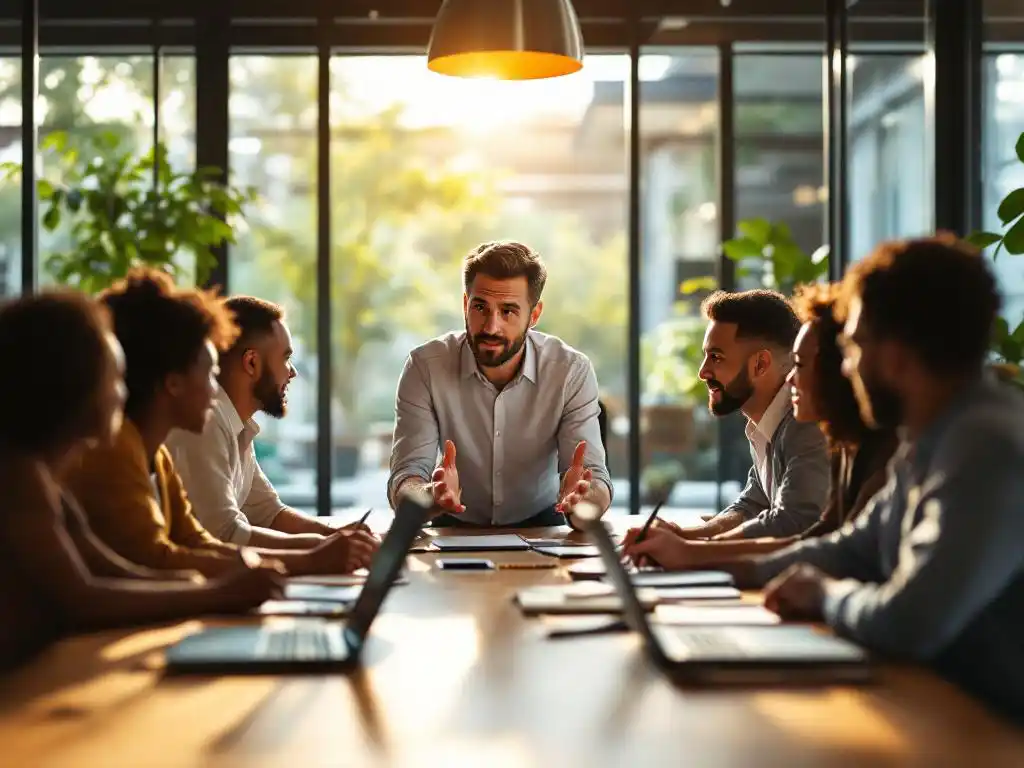 Bedrijfsleider begeleidt divers team rond moderne vergadertafel in lichte kantooromgeving met laptops en notitieblokken