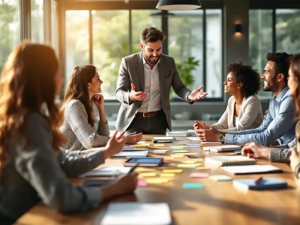 Zakelijke mentor begeleidt werknemers rond vergadertafel tijdens interactieve workshop met notities en natuurlijk licht