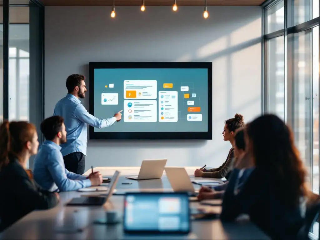 Professionele trainer wijst naar interactief leerscherm terwijl medewerkers attent luisteren in moderne vergaderruimte