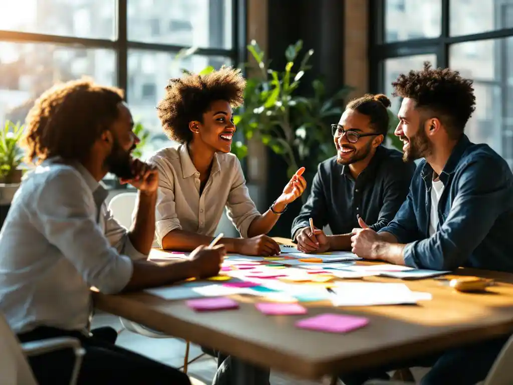 Diverse groep professionals in geanimeerde brainstormsessie rond moderne vergadertafel met kleurrijke sticky notes