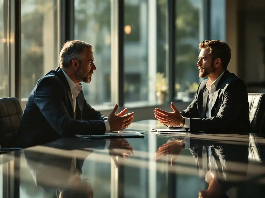 Professionele bedrijfsmentor in gesprek met medewerker aan conferentietafel in modern kantoor met natuurlijk licht