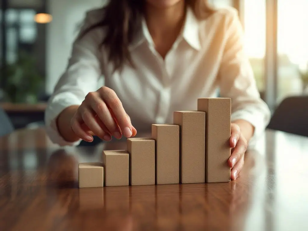 Zakenvrouw stapelt houten blokken in oplopende trap op conferentietafel, symboliseert carrièregroei en planning