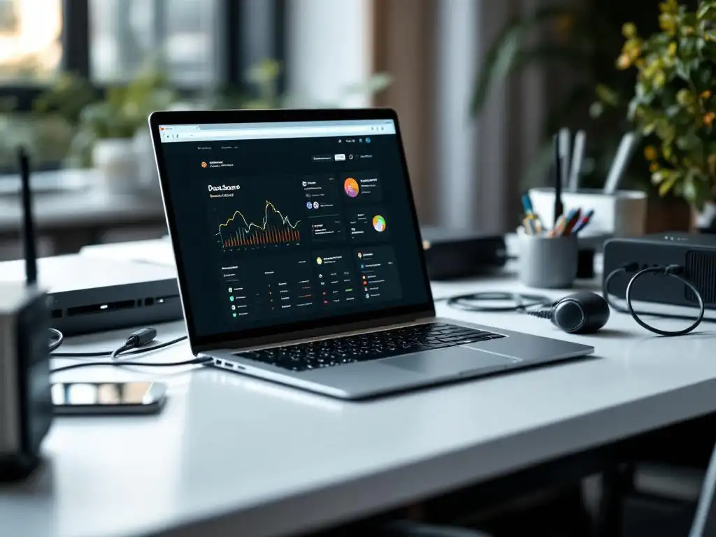 Moderne laptop met digitaal leerplatform omringd door netwerkinfrastructuur op wit bureau in kantooromgeving