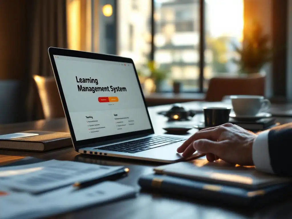 Laptop met leerbeheersysteem op vergadertafel, zakenman overweegt digitale training versus traditionele materialen