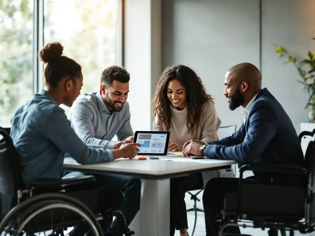 Diverse professionals in vergadering rond conferentietafel, één persoon gebruikt tablet met toegankelijke interface
