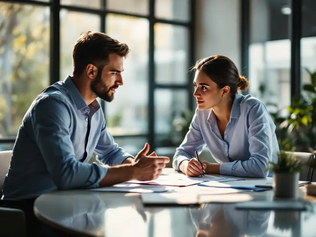 Manager begeleidt medewerker tijdens zakelijke bijeenkomst, wijzend naar documenten op moderne vergadertafel in kantoor