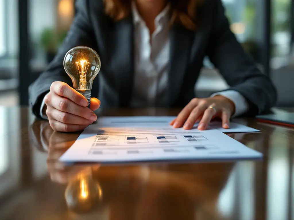 Zakelijke manager beoordeelt prestatie-evaluatie document terwijl hij gloeilamp vasthoudt in modern kantoor