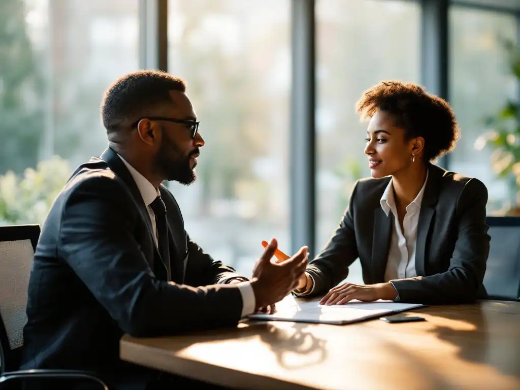 Professionele mentor en mentee bespreken ontwikkelingsportfolio aan moderne vergadertafel in kantooromgeving