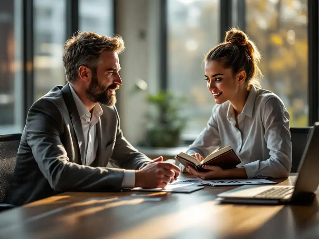 Professionele mentor wijst naar laptop met carrièreontwikkeling grafieken terwijl werknemer aantekeningen maakt aan moderne tafel