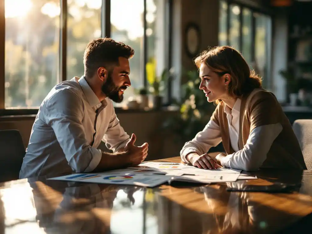 Professionele mentor en medewerker in gesprek aan conferentietafel met ontwikkelingsgrafieken en documenten