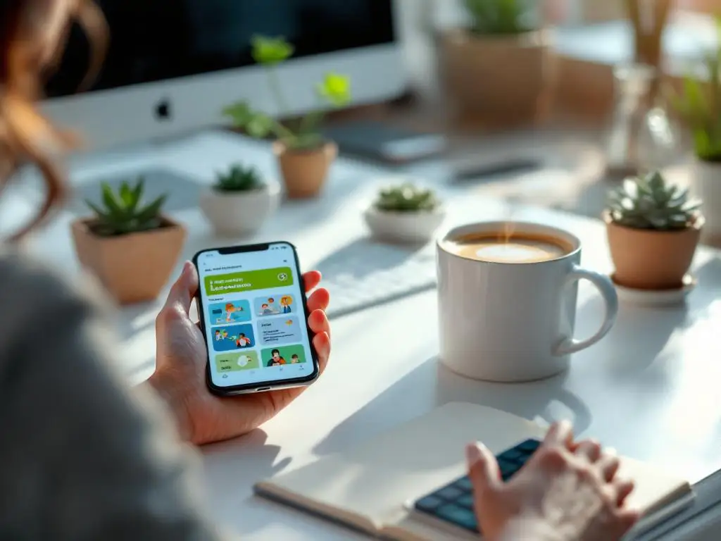 Professionele vrouw houdt smartphone met kleurrijke leermodules op moderne werkplek met koffie en planten