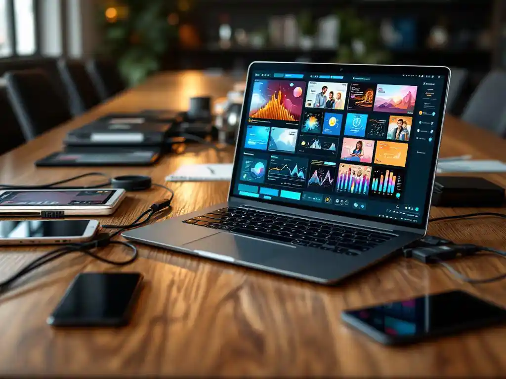 Moderne laptop met kleurrijke digitale leerinterface op vergadertafel, omringd door ethernetkabels en zakelijke apparaten