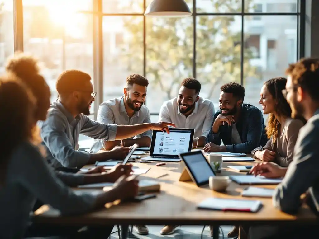 Diverse professionals discussing online learning interface on laptop during collaborative meeting at conference table