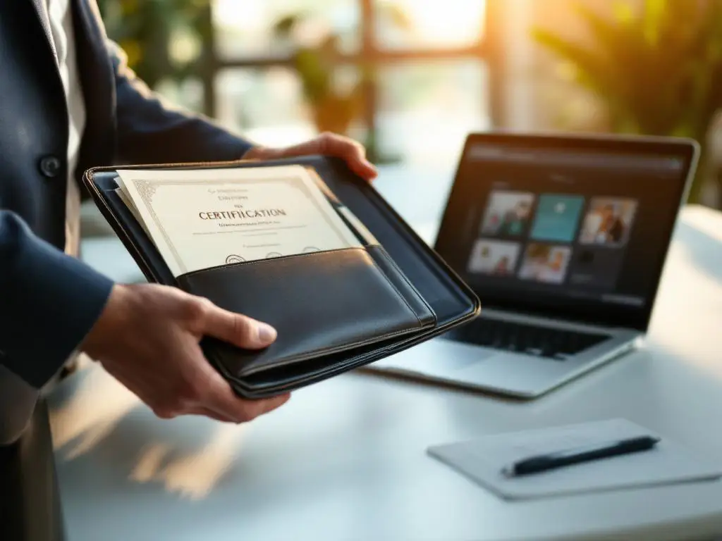 Professionele handen houden leren portfolio met certificaten en diploma's vast, laptop met online leerplatform op bureau