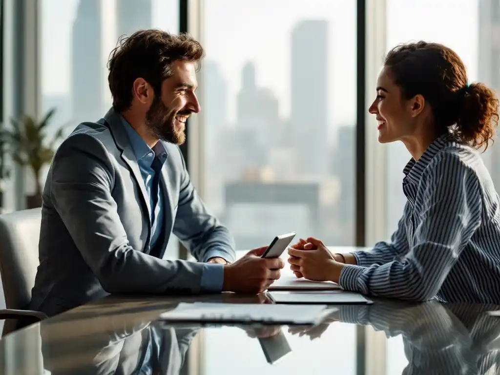 Professionele sollicitatiegesprek tussen interviewer met tablet en kandidaat aan vergadertafel in modern kantoor