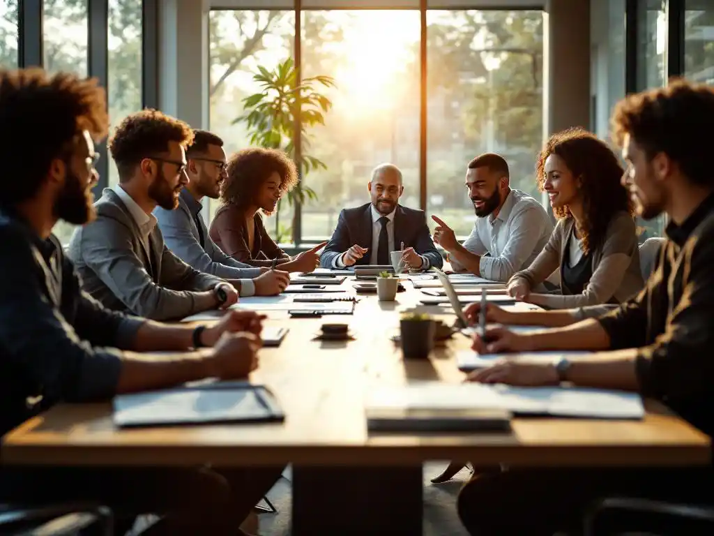 Divers team van professionals in samenwerking rond vergadertafel met laptops en trainingsmateriaal in moderne kantoorruimte
