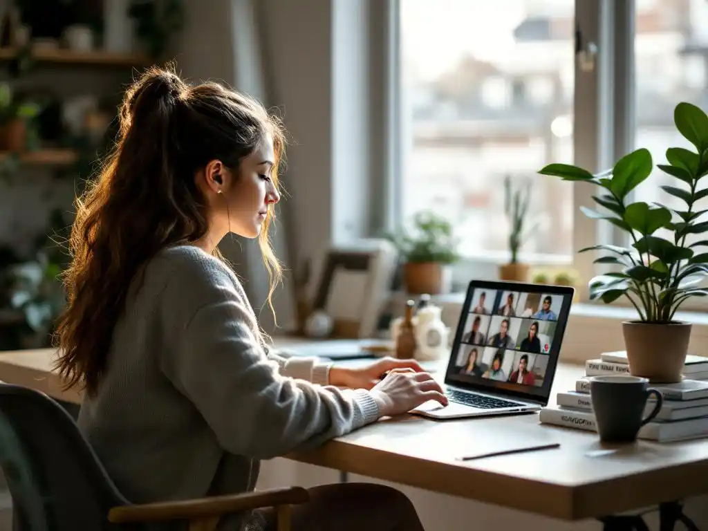 Professionele vrouw in thuiskantoor tijdens videovergadering met laptop, boeken over carrièreontwikkeling op bureau