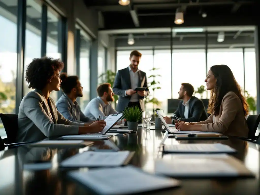 Trainer observeert diverse groep werknemers tijdens hands-on workshop, evaluatiechecklists op conferentietafel